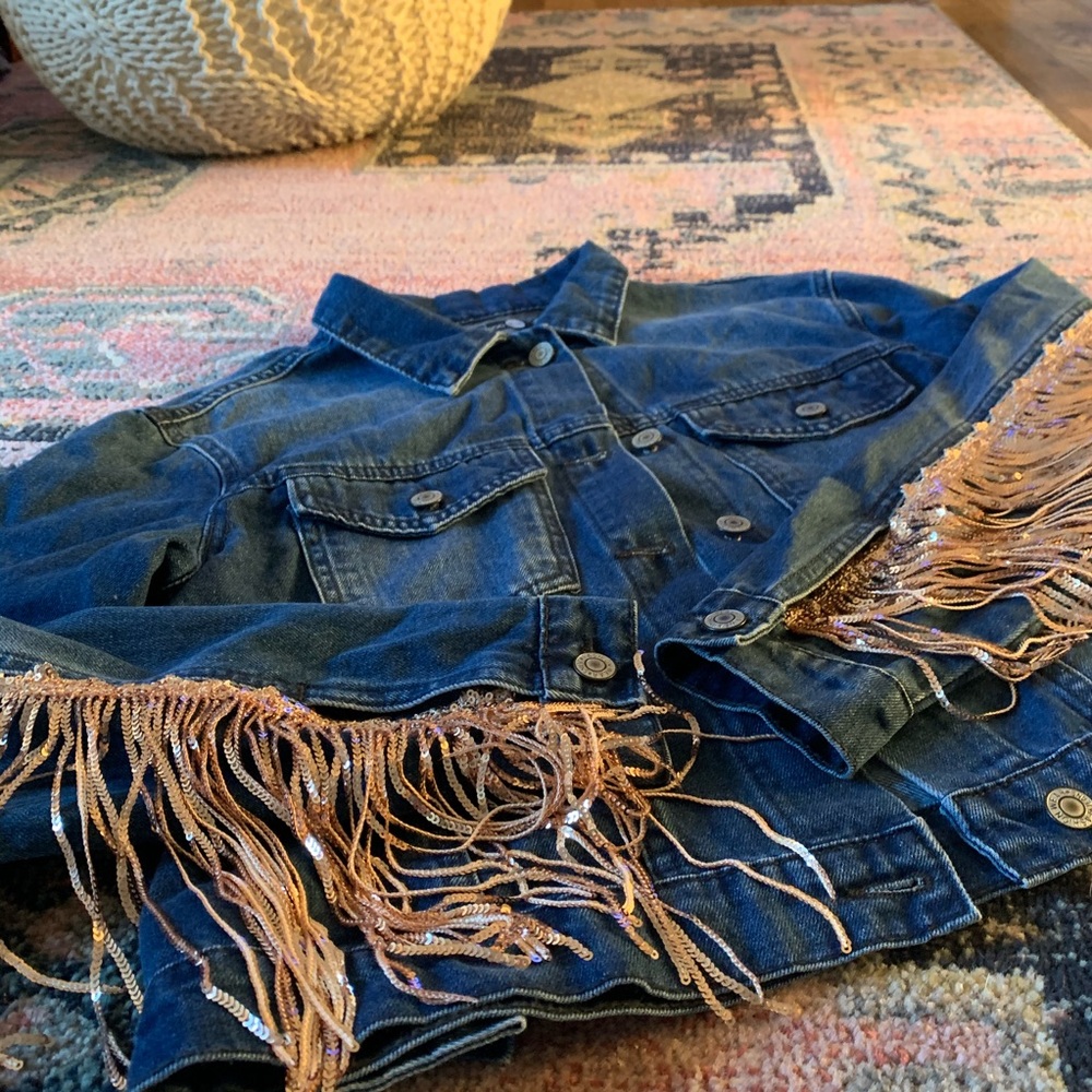 Boohoo Sequin Fringe Denim Jacket